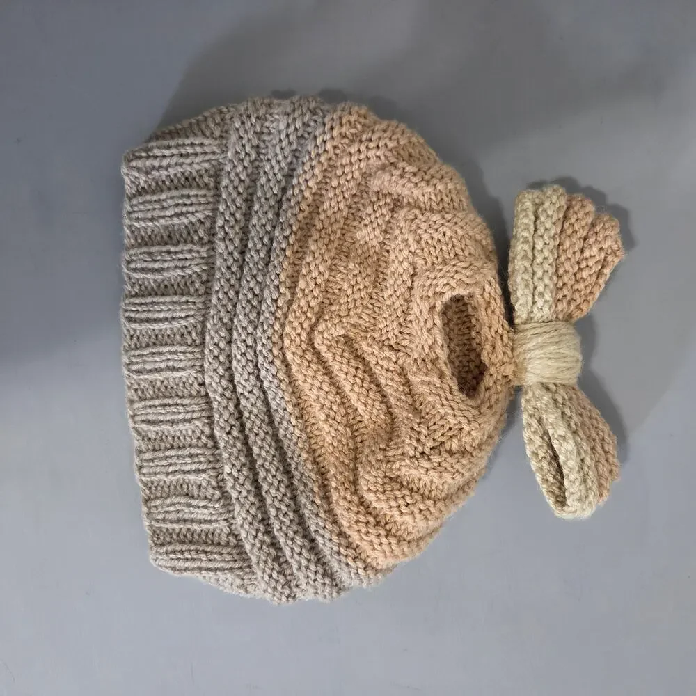 Handmade Knit Beanie Hat Womens OS Bow Pony Tail Hole Fall Winter Cute